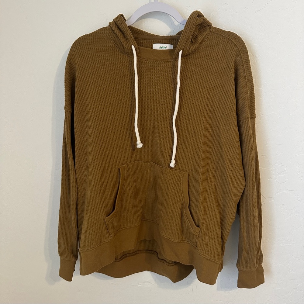 Aerie Thermal Waffle Knit Pullover Hoodie Mustard Yellow 1047183642 Small